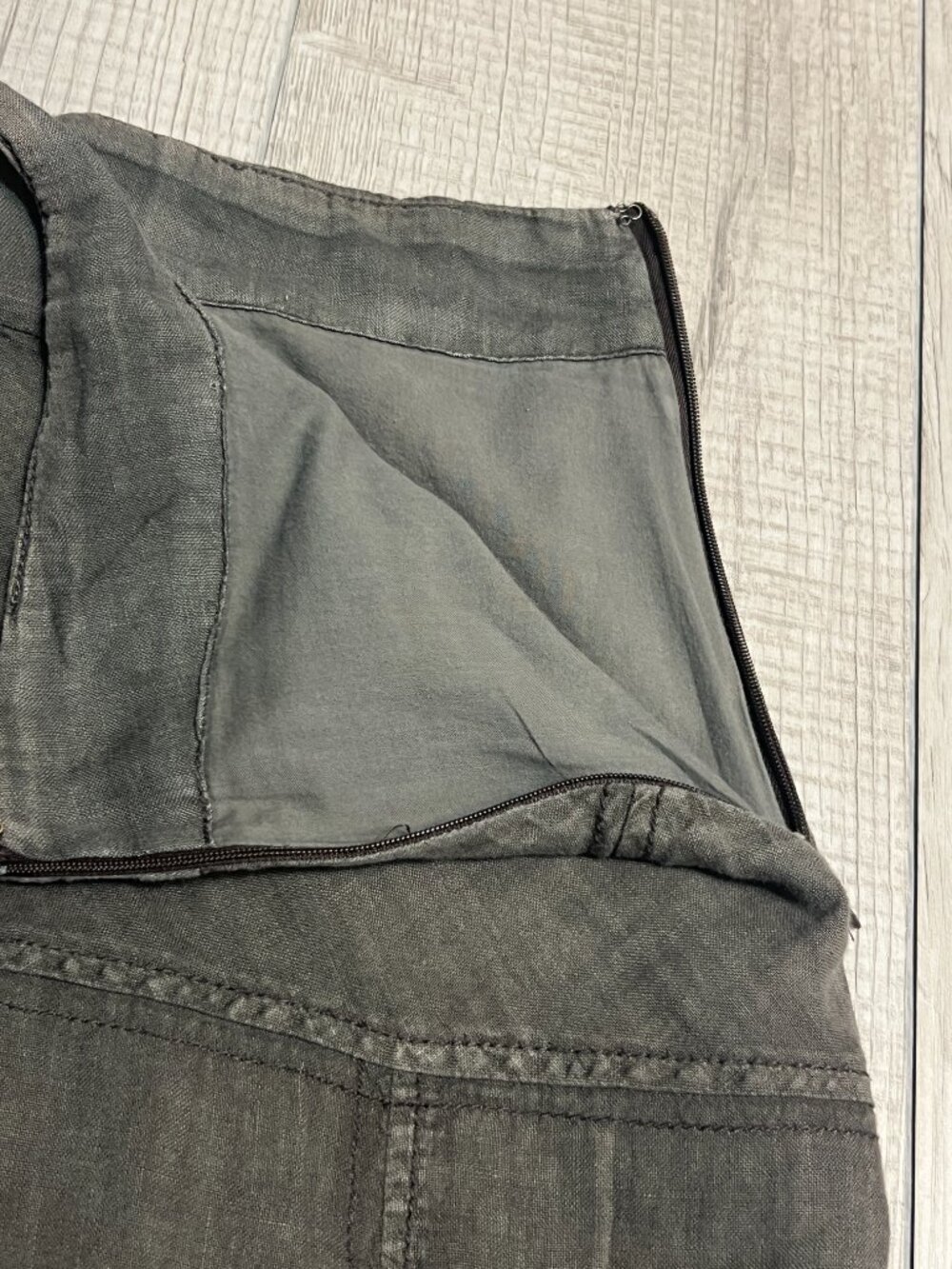 Fei 100% Linen Patchwork Maxi Skirt Olive Green Tiered Boho Long Skirt Size 4 - Picture 4 of 7